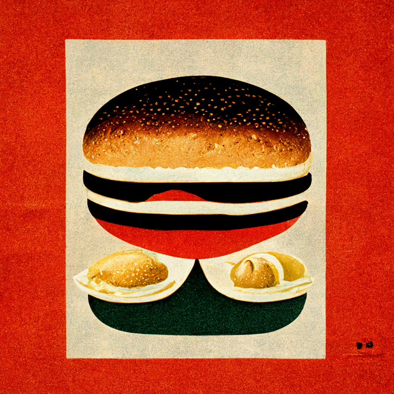 중앙에 햄버거가 배치된 레트로풍 포스터